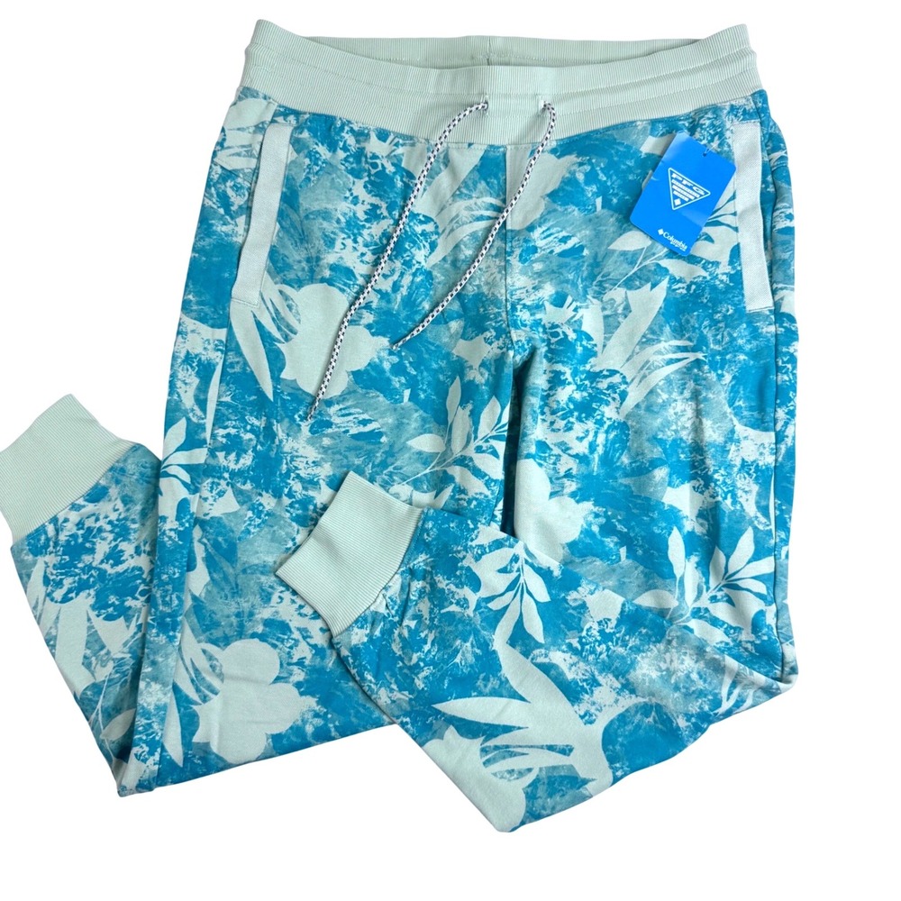 Columbia PFG Slack Water French Terry Jogger Blue Floral Leaf Print Womens L